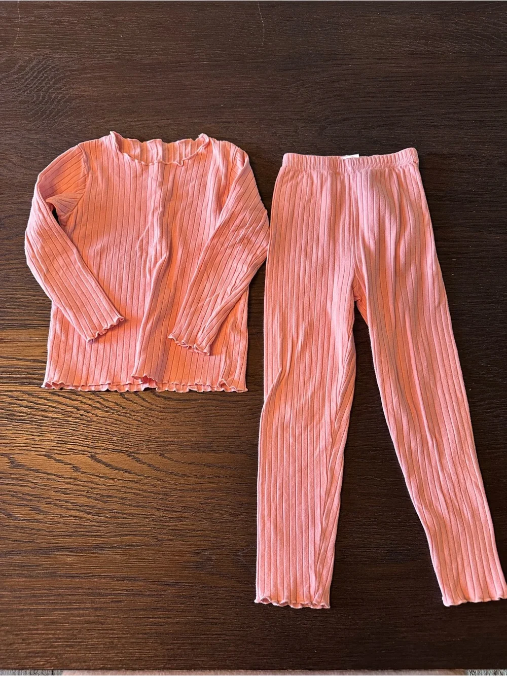 Girls Long Sleeve Ribbed Pink Pajama Set - Soft Knit Two-Piece